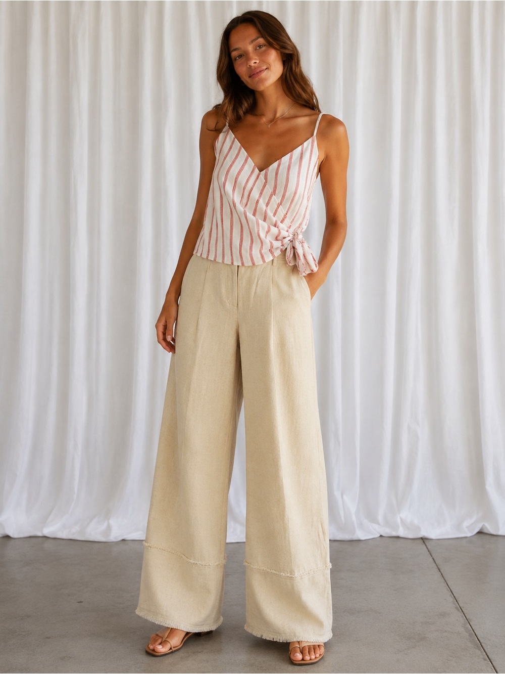 House of Harlow 1960 Wide-Leg Beige Linen-Blend Pants